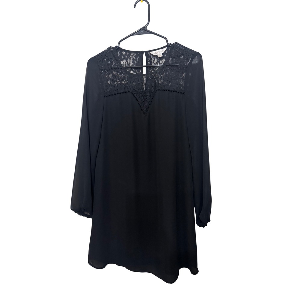 Decree Womens Black Lace Yoke Long Sleeve Chiffon Mini Shift Dress Small